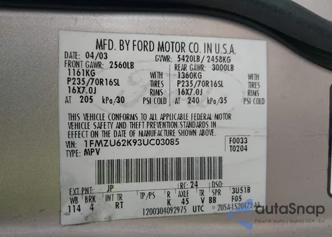 2003 Ford Explorer Xls z USA, uszkodzony, nr VIN 1FMZU62K93UC03085